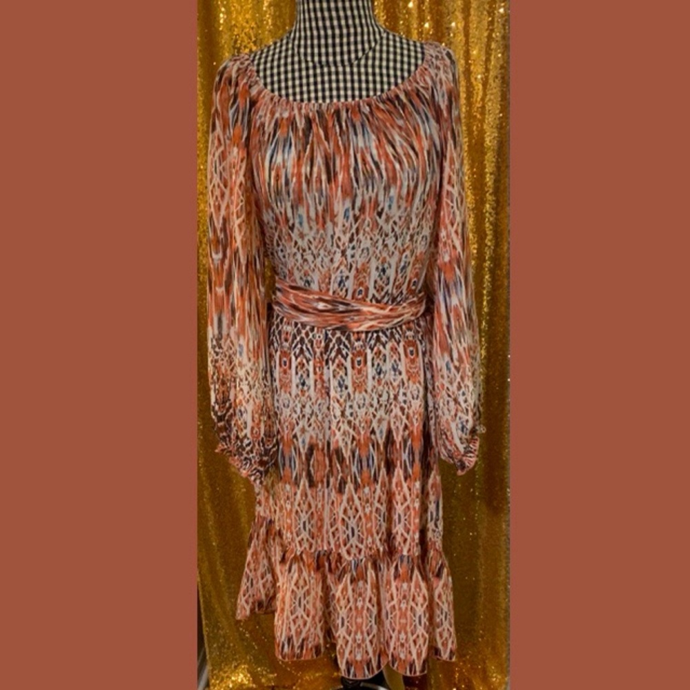MSK Multicolor Orange, White & Blue Patterned Long Sleeve Dress